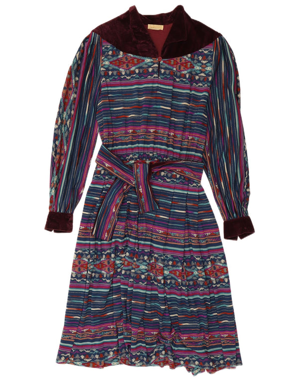 Abito maxi a maniche lunghe da donna vintage UK 14 geometrico multicolore medio