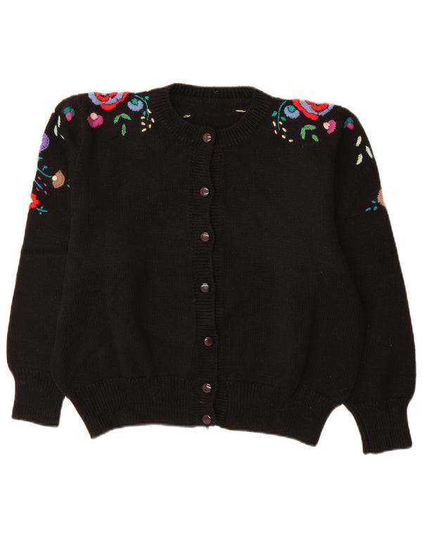 Maglione cardigan con maniche a 3/4 da donna vintage UK 14 grande floreale nero