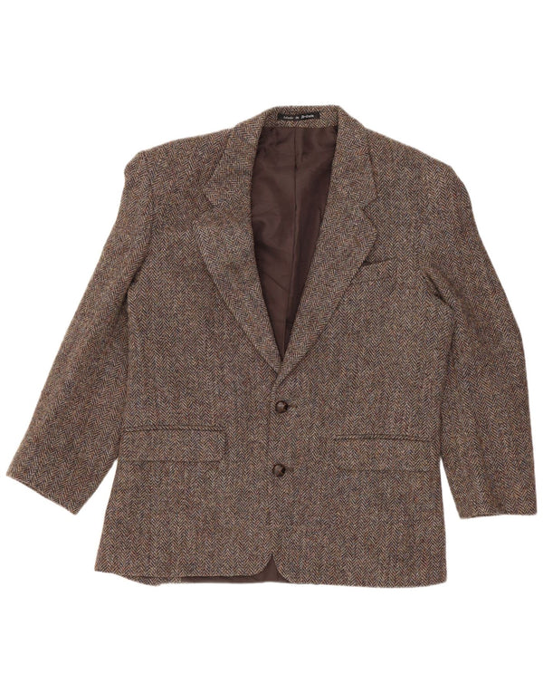 Giacca blazer da uomo a 2 bottoni Harris Tweed UK 40 grande lana a spina di pesce marrone