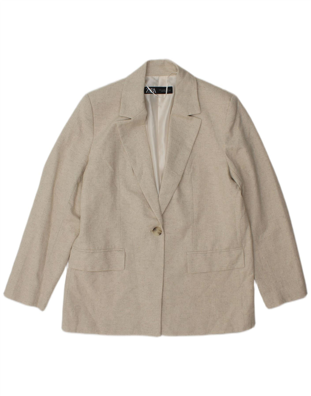 Giacca blazer a 1 bottone da donna Zara UK 14 Acetato a spina di pesce beige medio