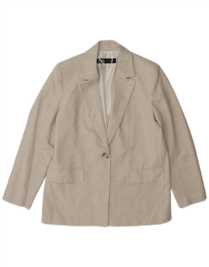 Giacca blazer a 1 bottone da donna Zara UK 14 Acetato a spina di pesce beige medio