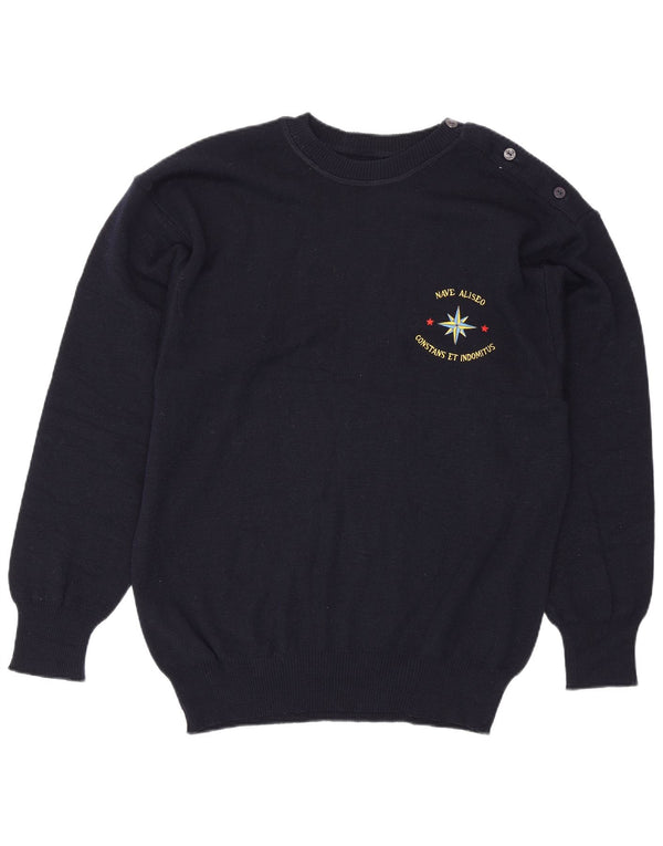 Maglione maglione girocollo da uomo vintage XL in lana vergine blu navy