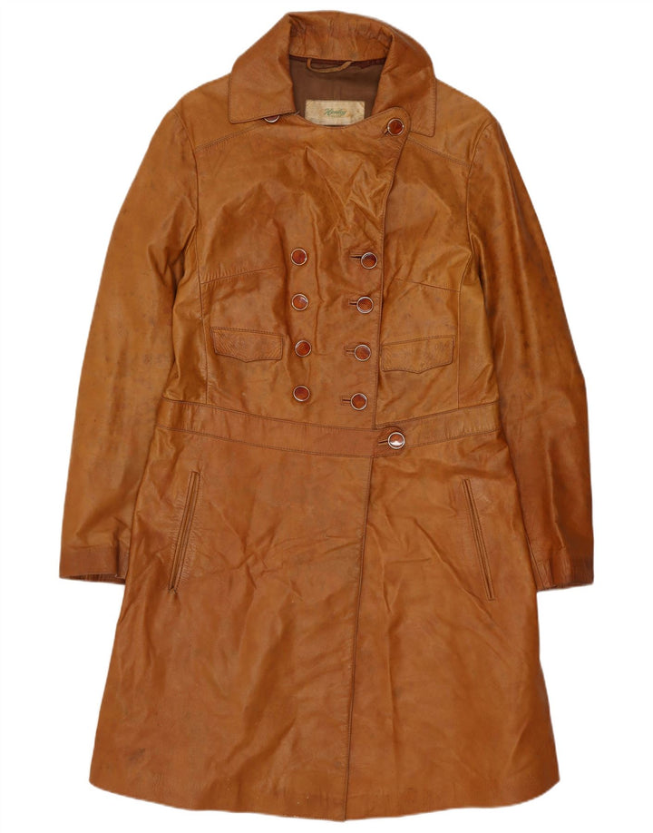 Cappotto in pelle vintage da donna UK 10 piccolo marrone
