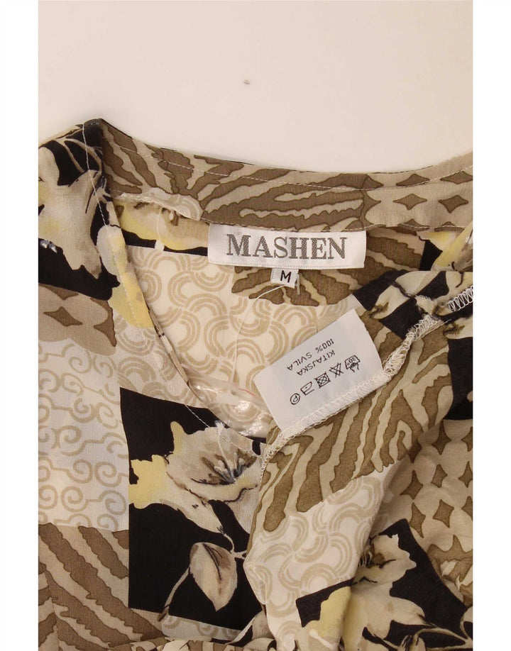 Abito da tè vintage da donna UK 14 Seta patchwork beige medio