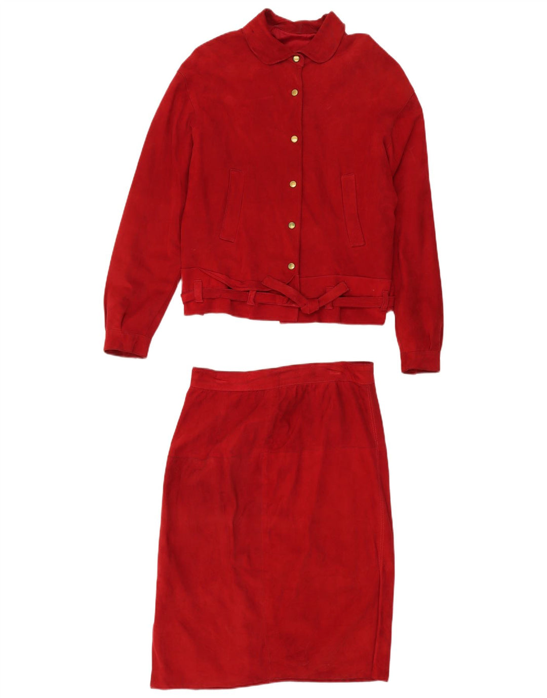 Set gonna 2 pezzi in pelle scamosciata da donna VINTAGE UK 14 medio W30 pelle rossa