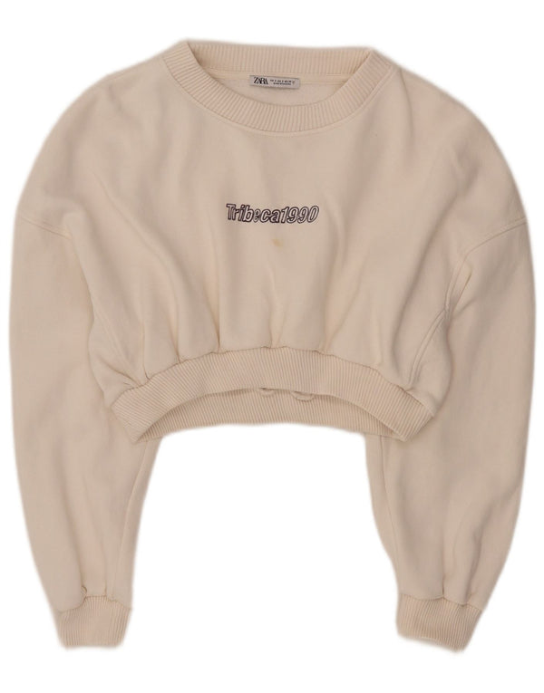 Felpa con grafica corta da donna Zara UK 10 piccola in cotone bianco sporco