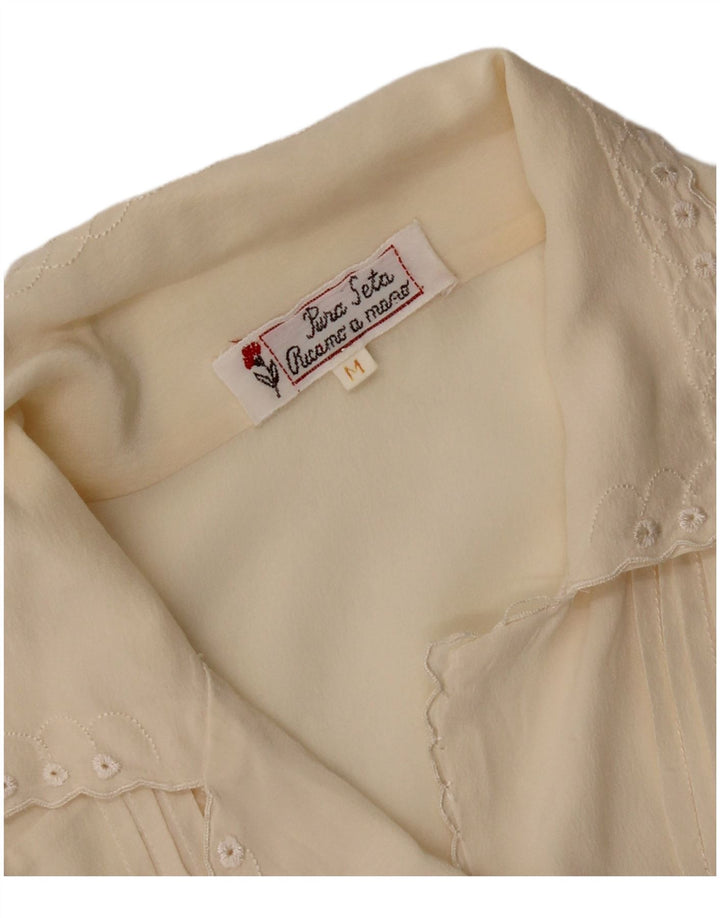 Camicetta camicia a maniche corte da donna vintage UK 14 seta media bianco sporco