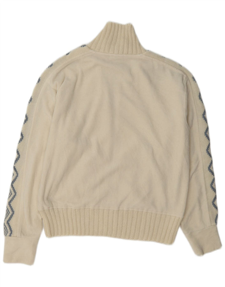 Giacca in pile da donna vintage UK 14 grande poliestere geometrico bianco sporco