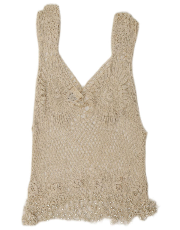 Camicetta da donna all'uncinetto fatta a mano Rafale Top UK 14 Rayon beige medio