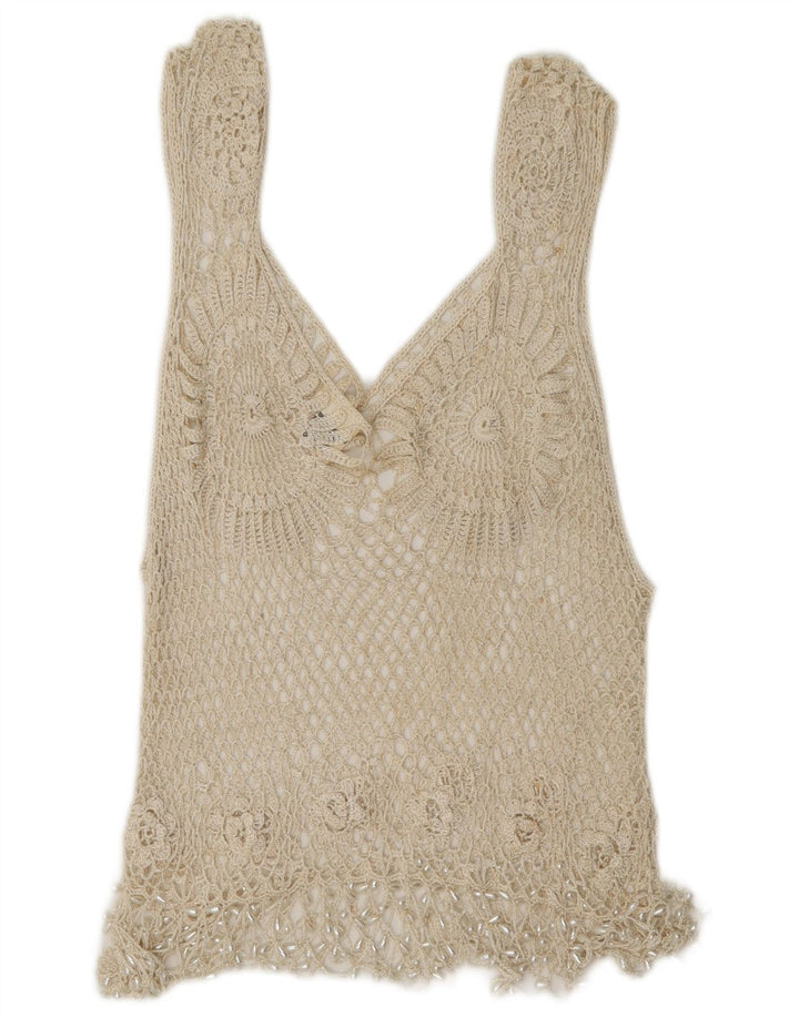 Camicetta da donna all'uncinetto fatta a mano Rafale Top UK 14 Rayon beige medio