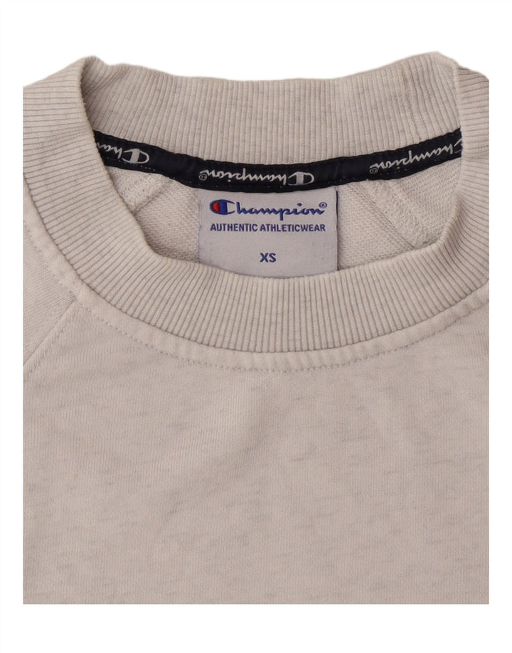 CHAMPION Womens Oversized Graphic Sweatshirt Jumper UK 6 XS Grey Flecked Vintage Champion and Second-Hand Champion from Messina Hembry 
