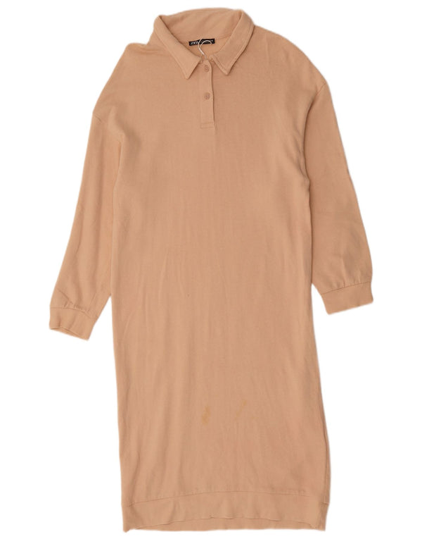 Zara Womens Long Sleeve Polo Dress UK 10 Small Beige Cotton