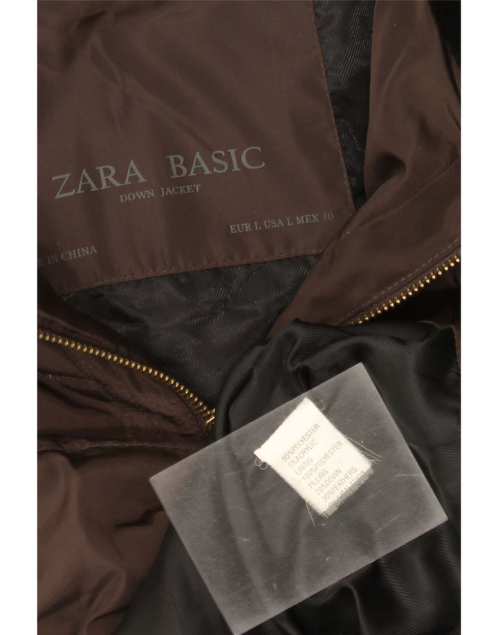 Giacca imbottita con cappuccio da donna Zara UK 14 grande marrone poliestere