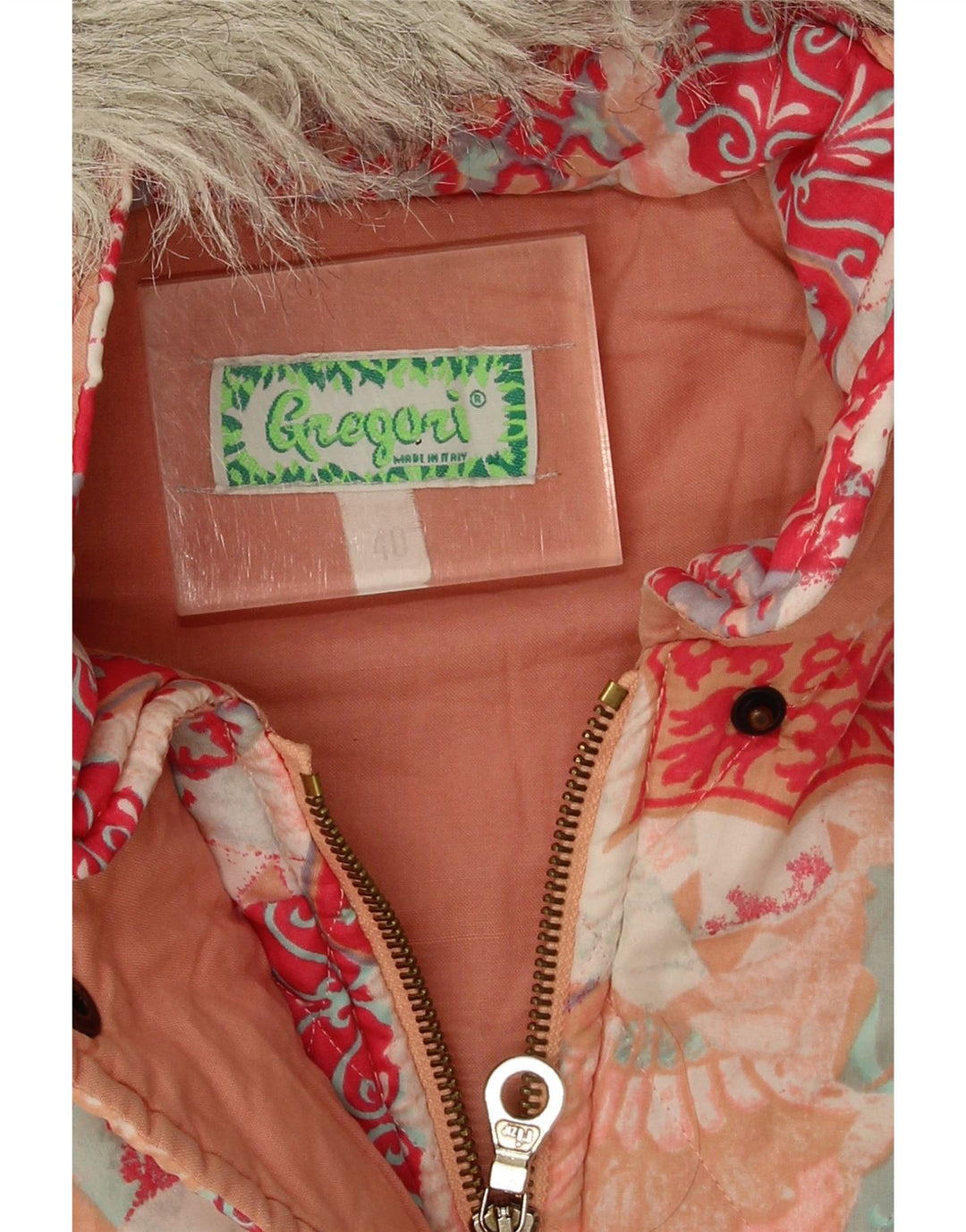 Giacca imbottita con cappuccio da donna vintage EU 40 medio floreale multicolore