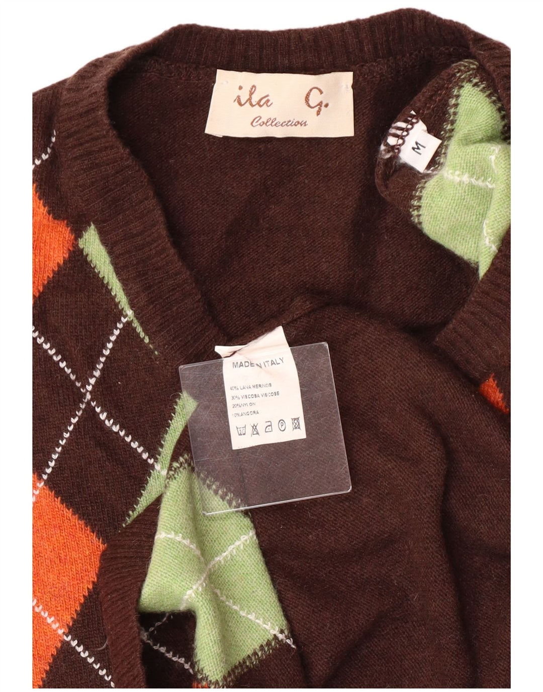 Maglione da donna VINTAGE con scollo a V UK 12 Marrone medio Argyle/Diamante