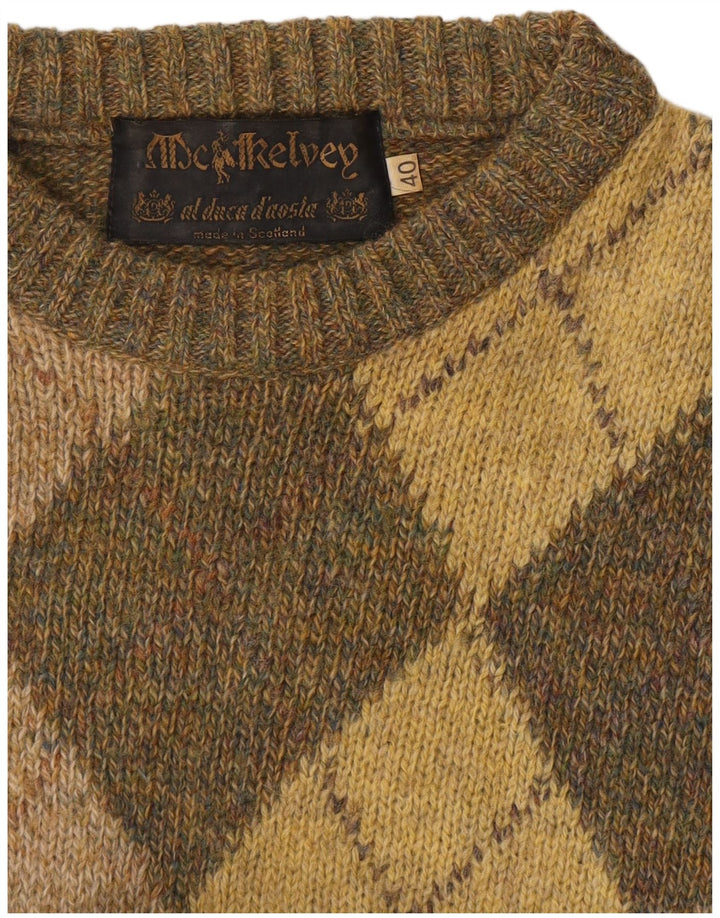 Maglione maglione girocollo da uomo vintage UK 40 medio kaki a rombi/diamante