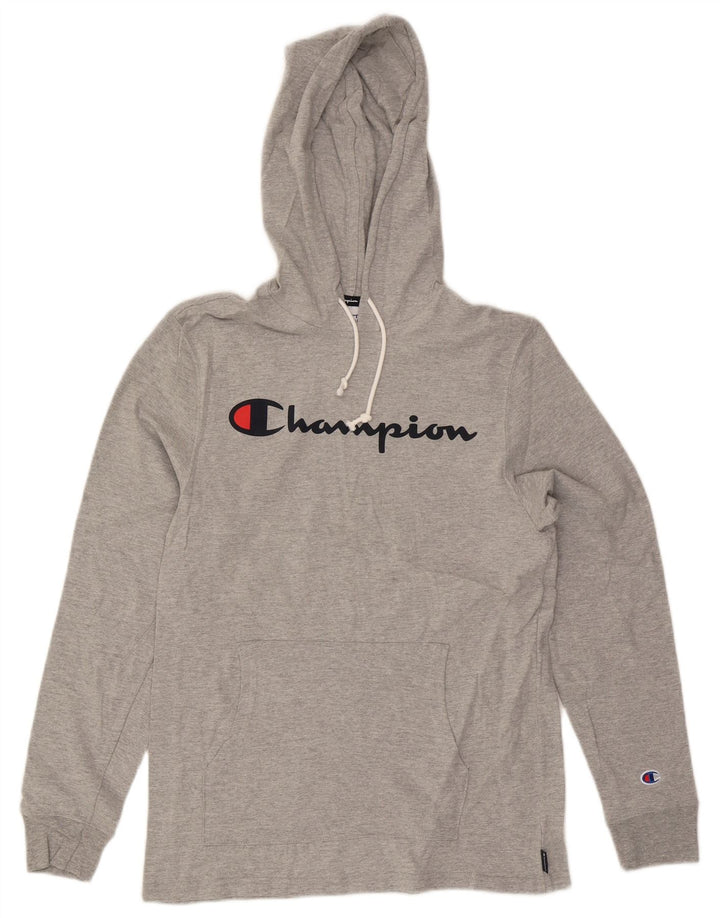 Maglione con cappuccio grafico da uomo Champion in cotone chiazzato grigio medio