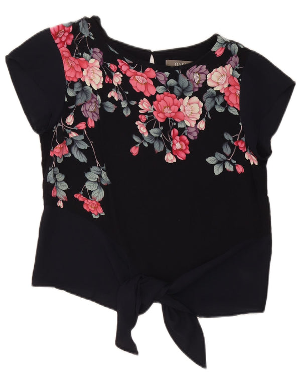 Oasis Camicetta da donna corta con allacciatura sul davanti UK 8 piccola viscosa floreale blu navy