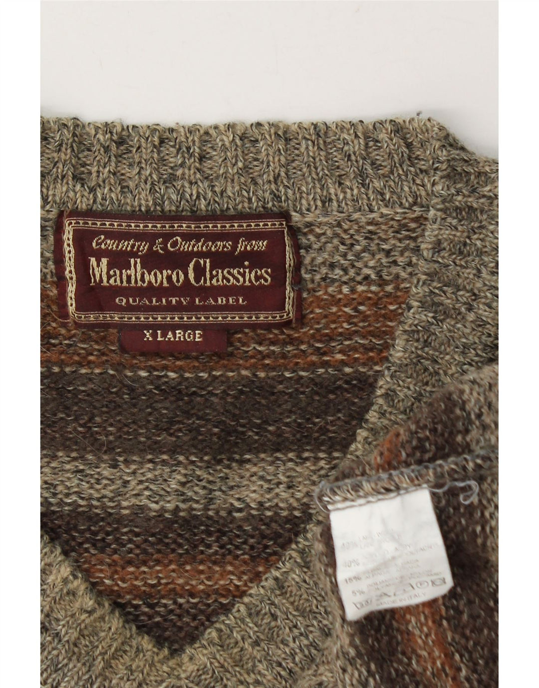 MARLBORO CLASSICS Maglione da uomo con scollo a V XL in lana a righe marrone