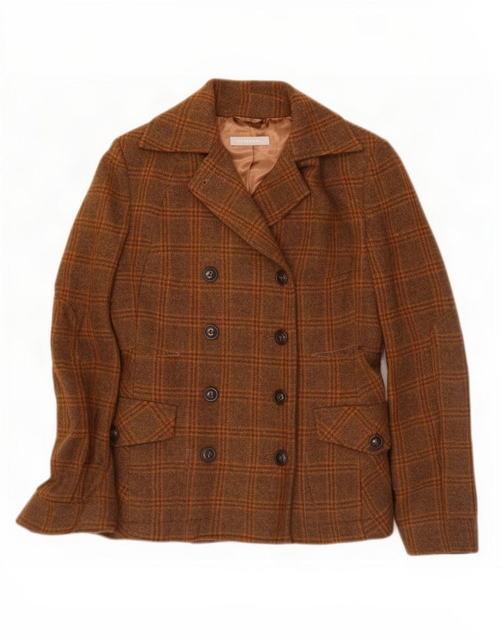 Giacca blazer doppiopetto da donna Stefanel UK 10 piccola lana a quadri marrone
