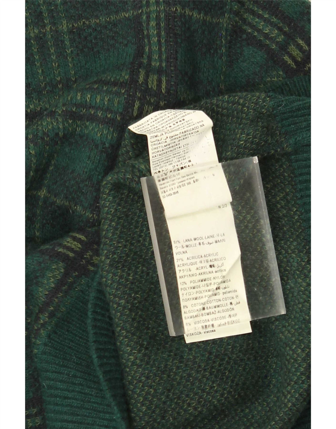 Maglione da uomo girocollo Benetton XL in lana a quadri verde