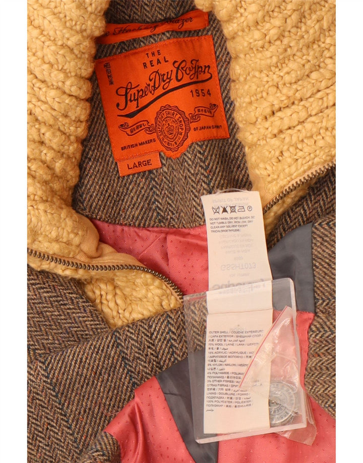 Giacca blazer da donna a 3 bottoni Superdry UK 14 grande lana a spina di pesce grigia