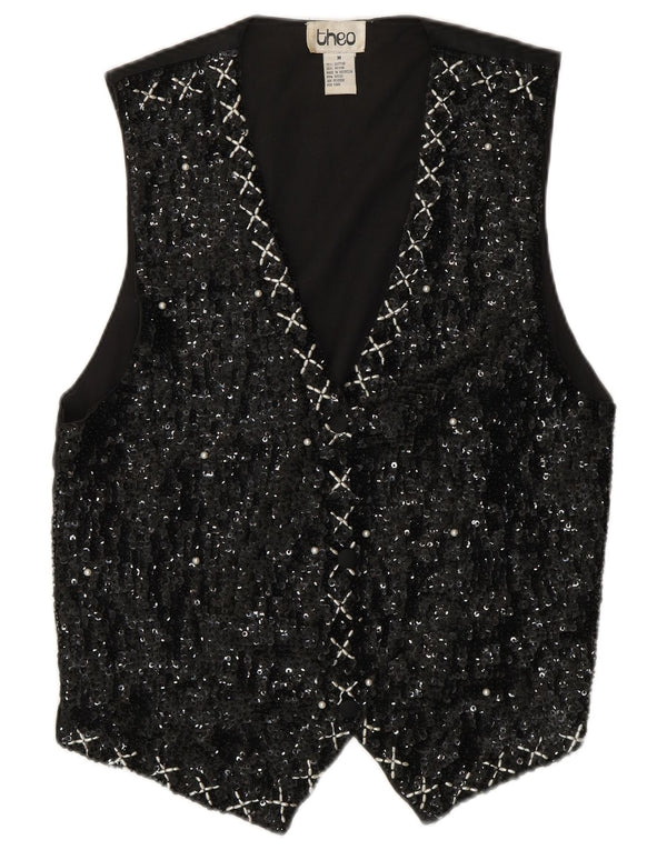 Gilet con paillettes da donna VINTAGE UK 14 cotone nero medio anni '80