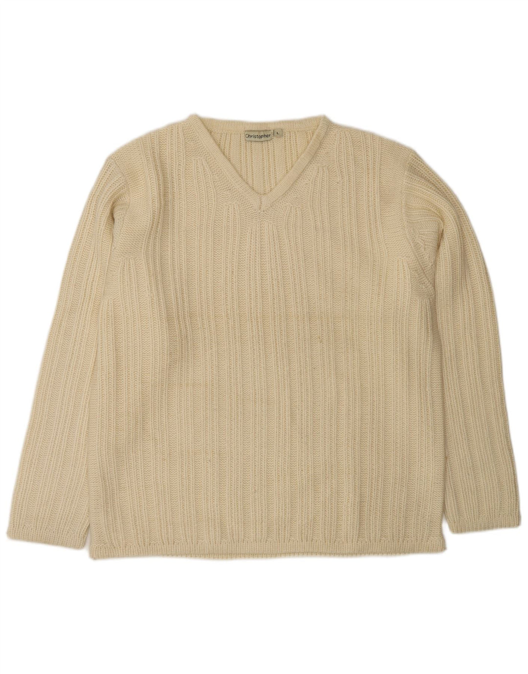 VINTAGE Uomo Maglione con scollo a V Maglione grande in lana bianco sporco