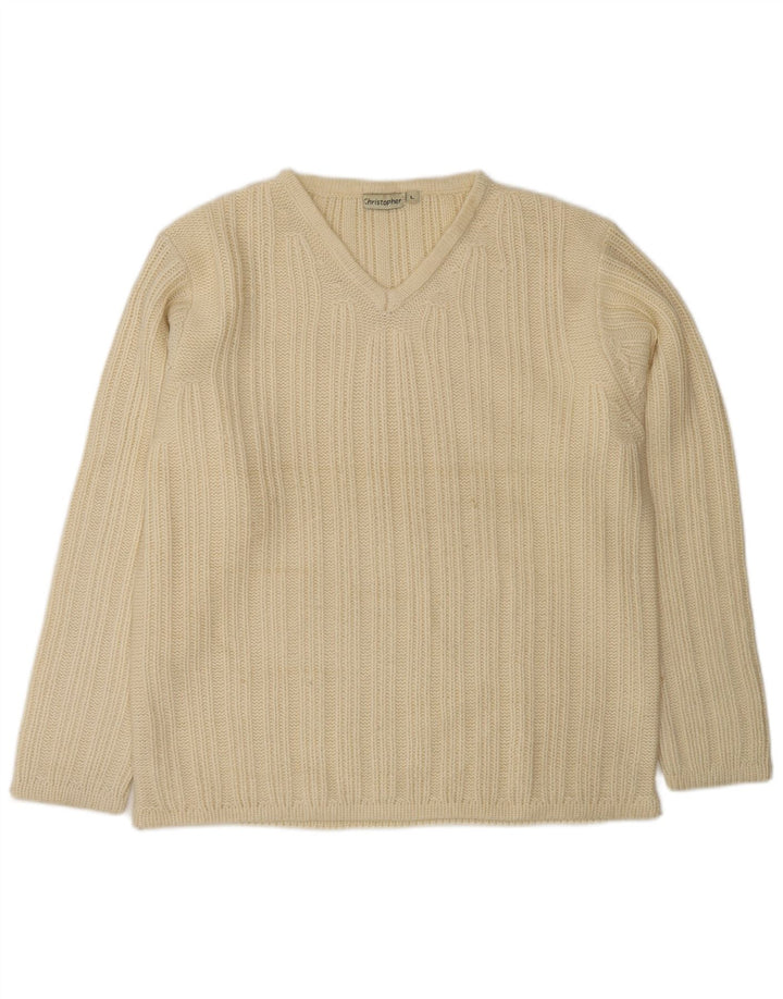 VINTAGE Uomo Maglione con scollo a V Maglione grande in lana bianco sporco