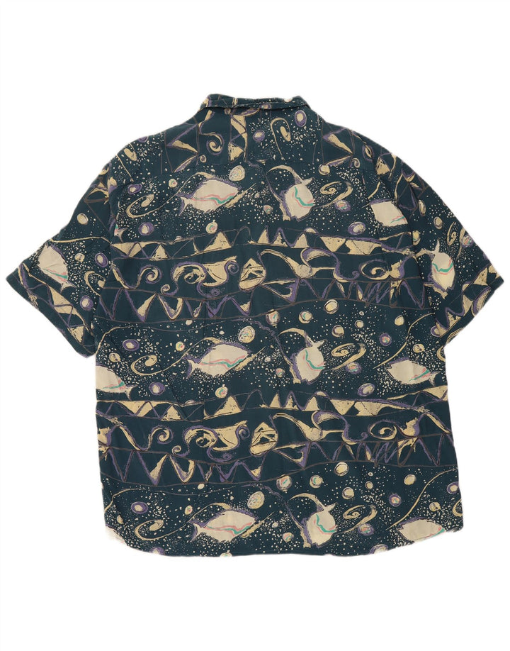 Camicia a maniche corte vintage da uomo con motivo astratto XL blu in viscosa retrò