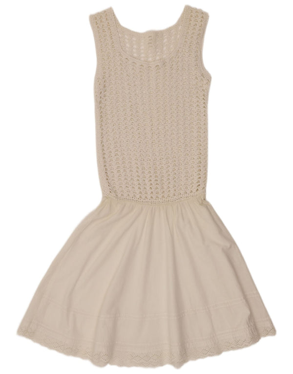 Abito vintage da donna all'uncinetto senza maniche a vita bassa UK 8 piccolo bianco