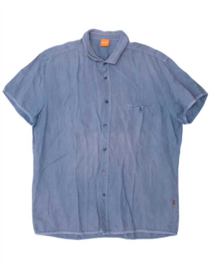 Camicia a maniche corte da uomo Hugo Boss XL in cotone blu