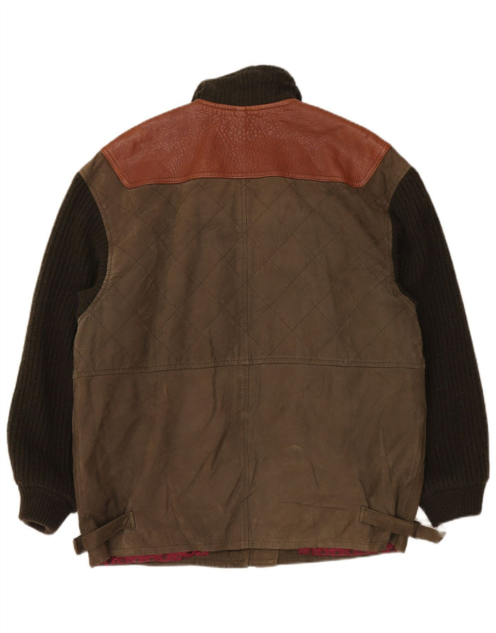 Giacca in pelle lavorata a maglia vintage da uomo UK 42 XL Khaki Colourblock Classic