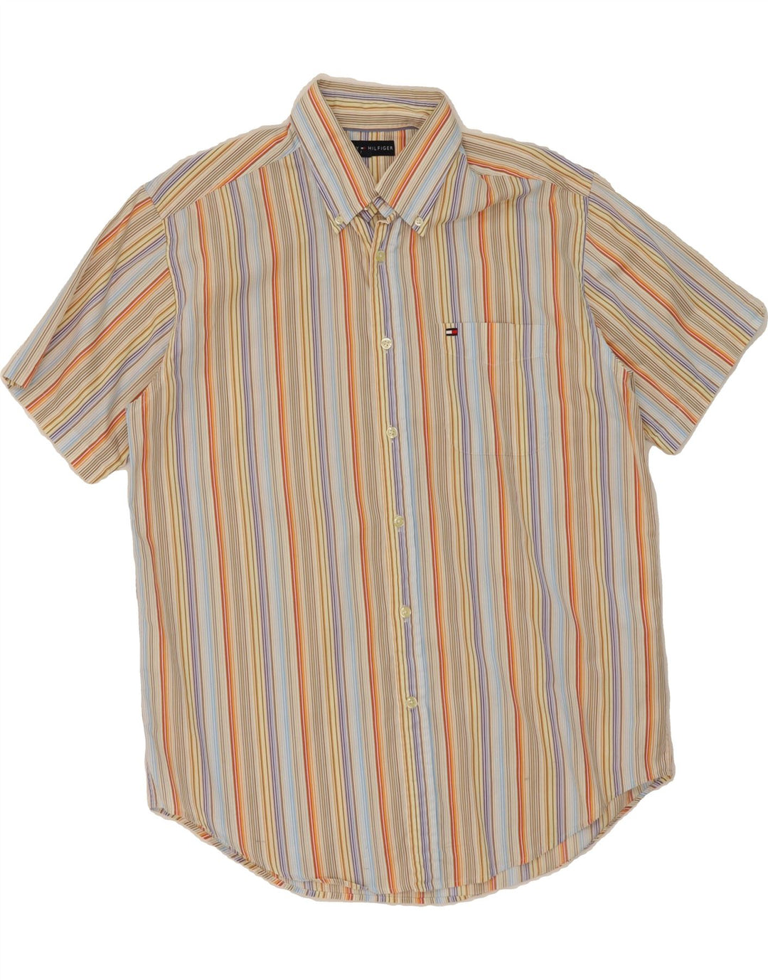 TOMMY HILFIGER Mens Short Sleeve Shirt Medium Multicoloured Striped Cotton Vintage Tommy Hilfiger and Second-Hand Tommy Hilfiger from Messina Hembry 