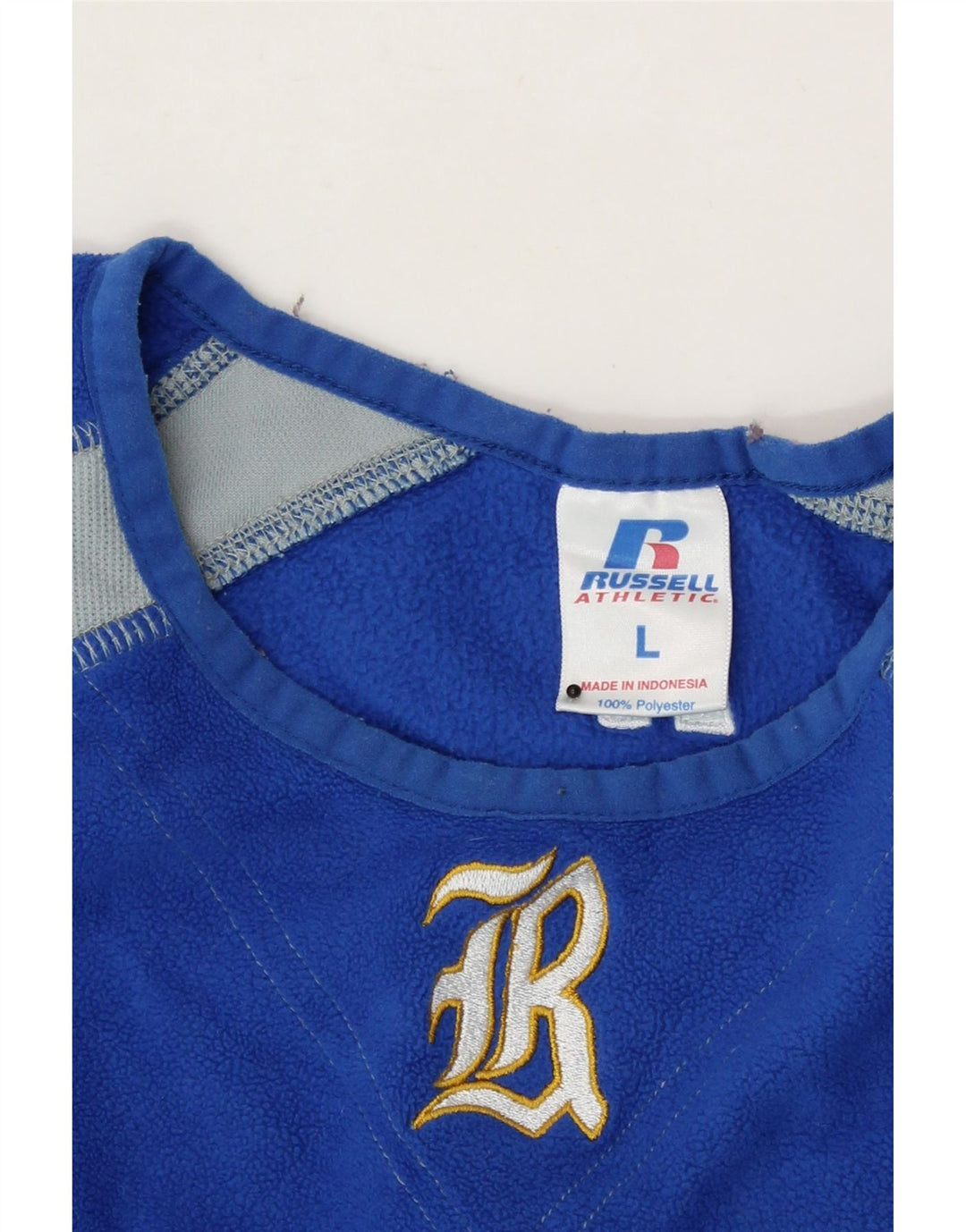 RUSSELL ATHLETIC Mens Fleece Jumper Large Blue Colourblock Polyester Vintage Russell Athletic and Second-Hand Russell Athletic from Messina Hembry 