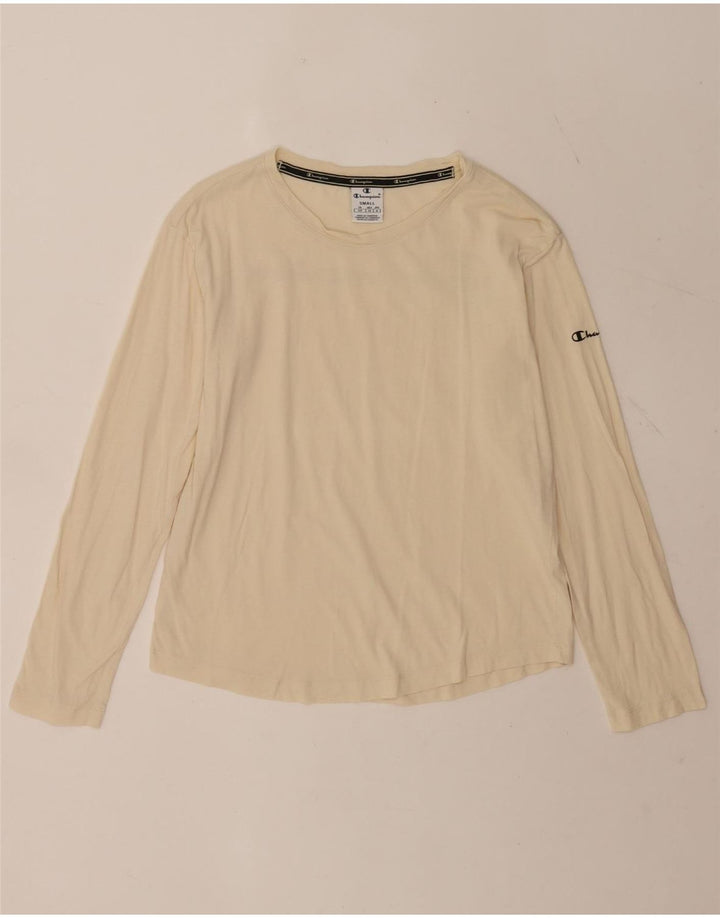 Maglietta grafica da donna Champion manica lunga UK 10 piccola bianco sporco
