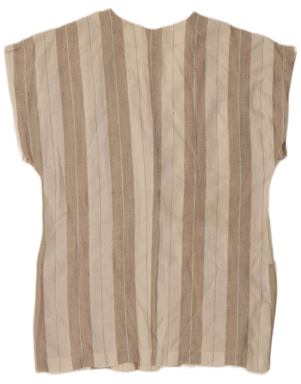 Camicetta camicia a maniche corte da donna vintage UK 14 Lino a righe beige medio
