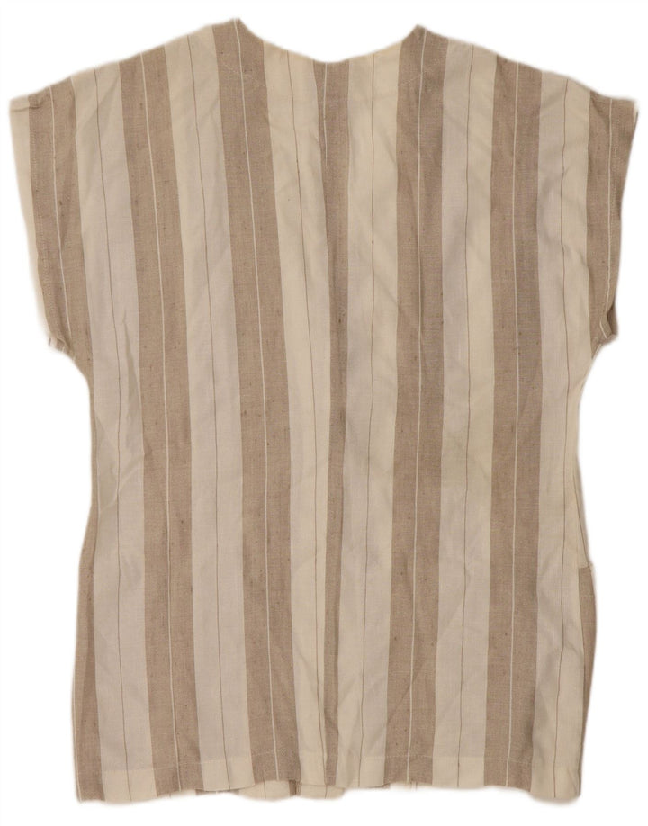 Camicetta camicia a maniche corte da donna vintage UK 14 Lino a righe beige medio