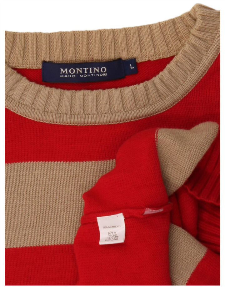 VINTAGE Mens Crew Neck Jumper Sweater Large Red Striped Cotton