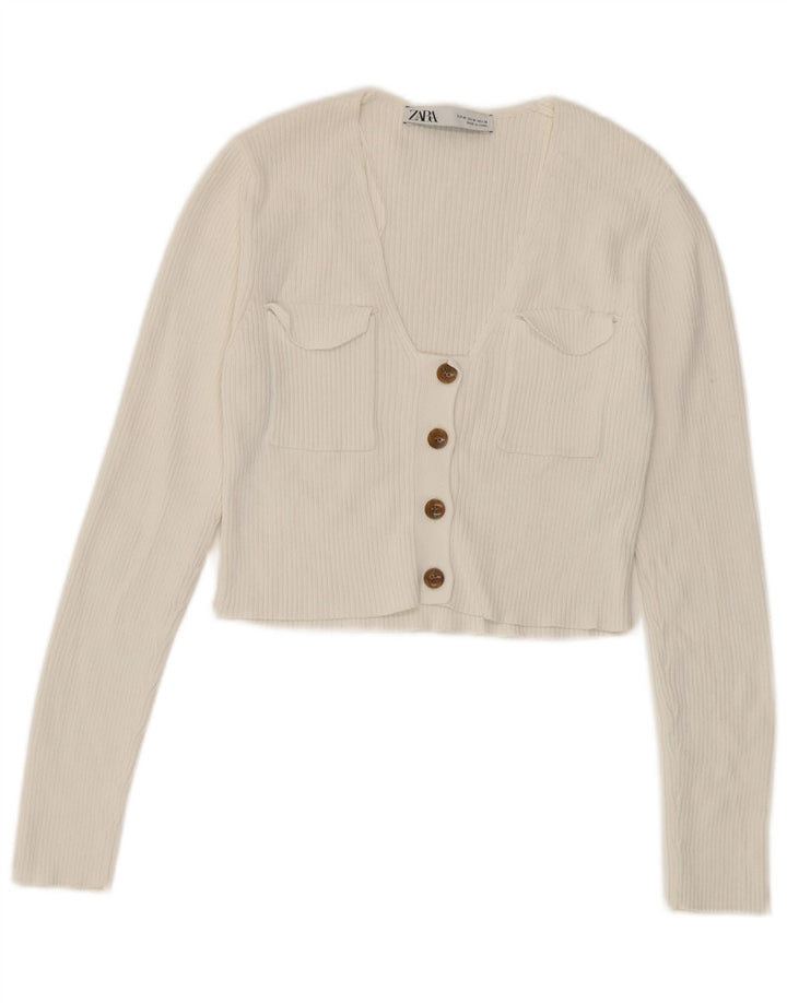 Maglione cardigan corto da donna Zara UK 12 Viscosa bianca media