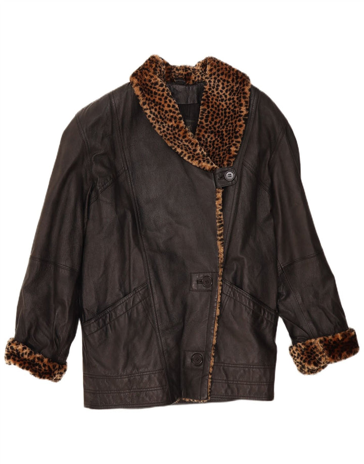 Cappotto in pelle oversize da donna VINTAGE UK 10 piccola stampa animalier nera