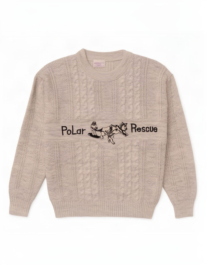 Maglione girocollo grafico da uomo vintage in acrilico chiazzato grigio medio