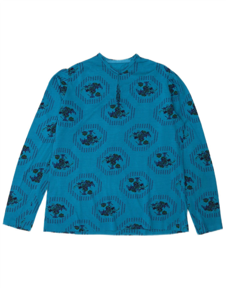 Top grafico da donna vintage a maniche lunghe UK 14 blu medio floreale