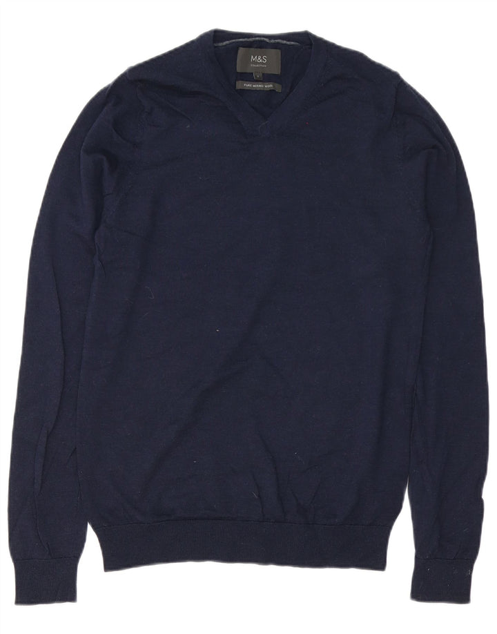Maglione da uomo con scollo a V Marks & Spencer piccolo in lana merino blu navy