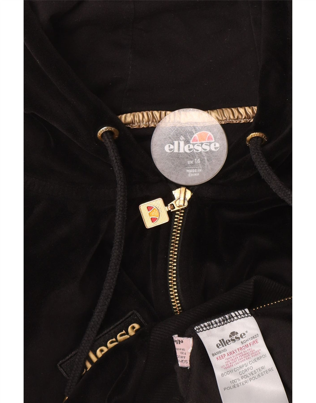 Ellesse, maglione con cappuccio e zip corta in velluto da donna, UK 14, grande poliestere nero