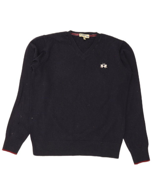 Maglione maglione con scollo a V da donna La Martina UK 10 Small Lana blu navy