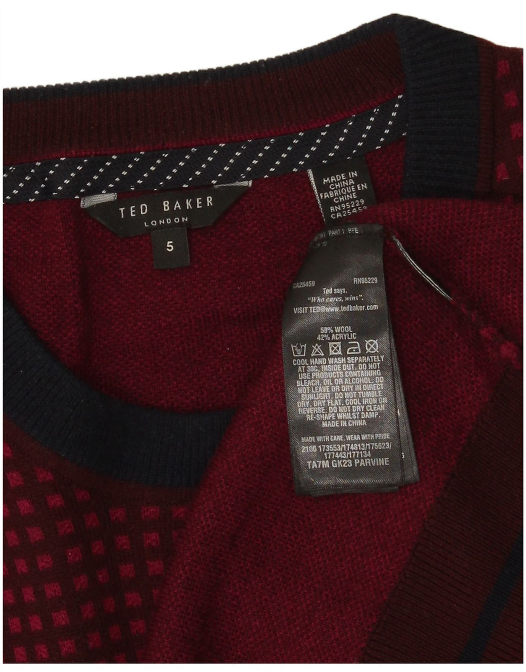 Maglione maglione girocollo da uomo Ted Baker taglia 5 XL lana a quadri bordeaux