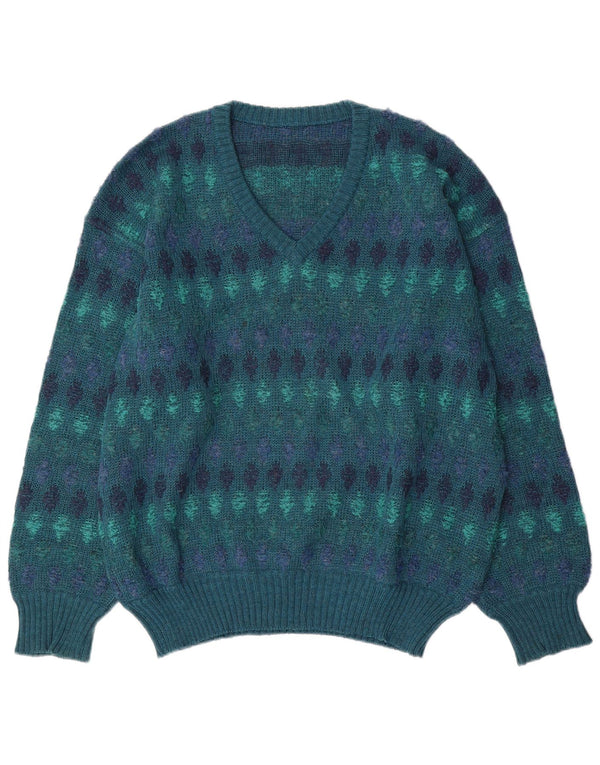 Maglione vintage da uomo con scollo a V IT 54 XL lana Fair Isle blu