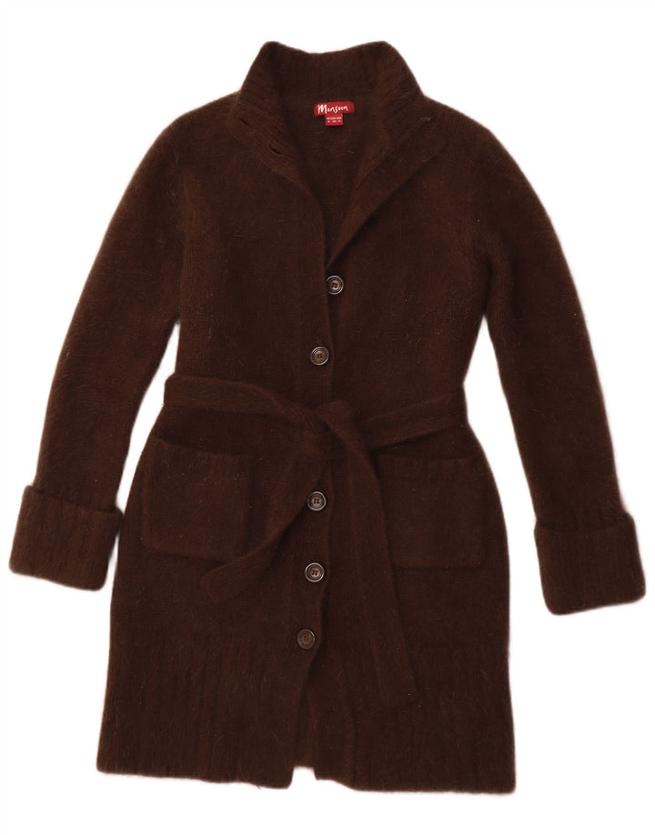 MONSOON Maglione cardigan lungo da donna UK 12 Lana d'agnello marrone medio