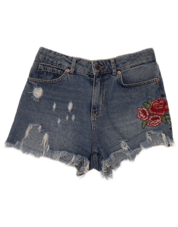 Pantaloncini di jeans con grafica invecchiata Benetton da donna W28 Blu medio floreale